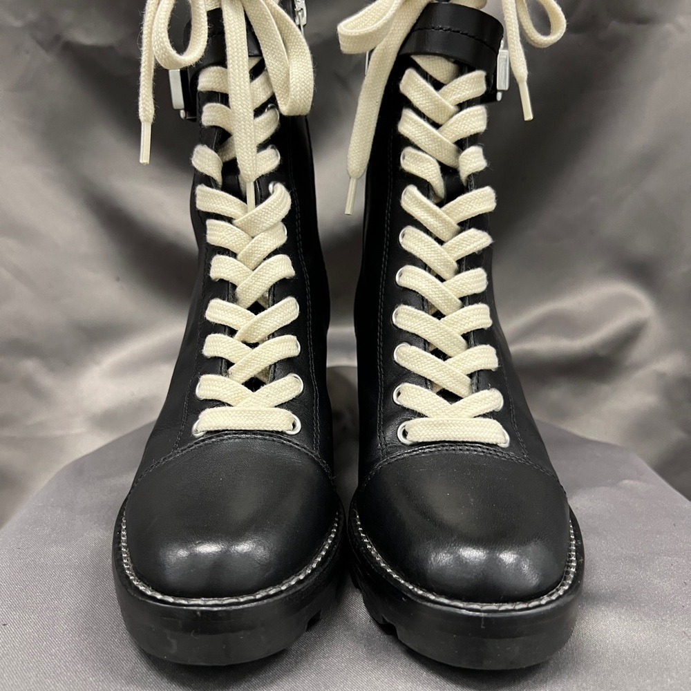 Marc Fisher  Boots Black Leather Moto Buckle Ankle Block Heel Lug Side Zip 7M